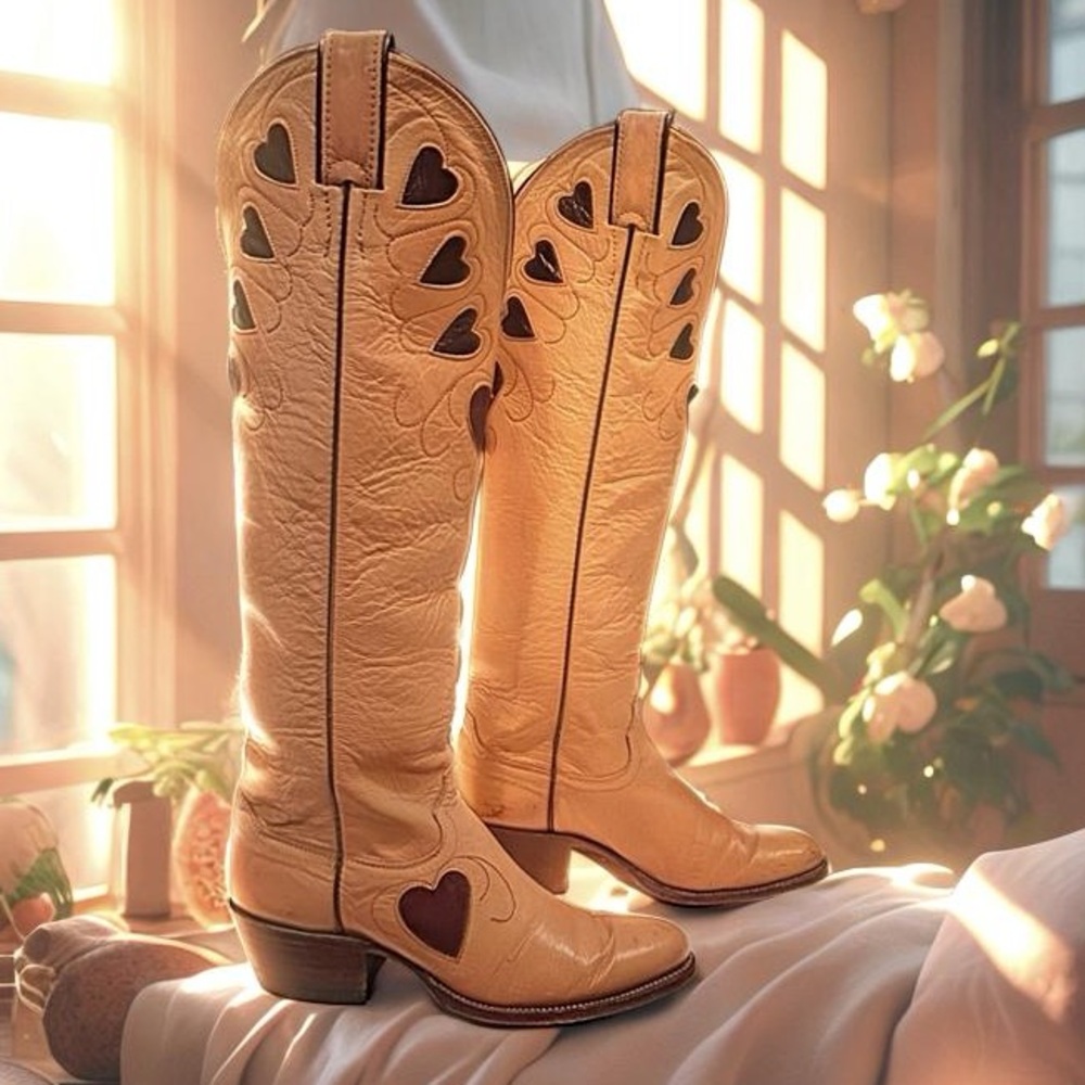 Women’s Size 5.5 B - Justin Vintage Tall Cowboy Western Boots Heart Inlays